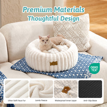 Cozy Kiss close-up of non-slip bottom and plush faux fur texture on Cozy Kiss 2-in-1 Striped Faux Fur Pet Bed #color_Cream