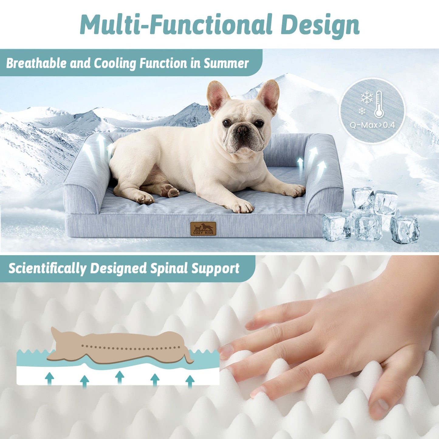 Dog lying on a cooling pad with a mountain background, highlighting its breathable and cooling functions.#color_Sky Blue