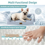 Dog lying on a cooling pad with a mountain background, highlighting its breathable and cooling functions.
