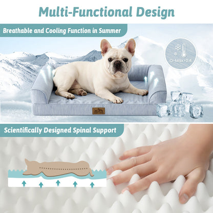 Dog lying on a cooling pad with a mountain background, highlighting its breathable and cooling functions.#color_Sky Blue