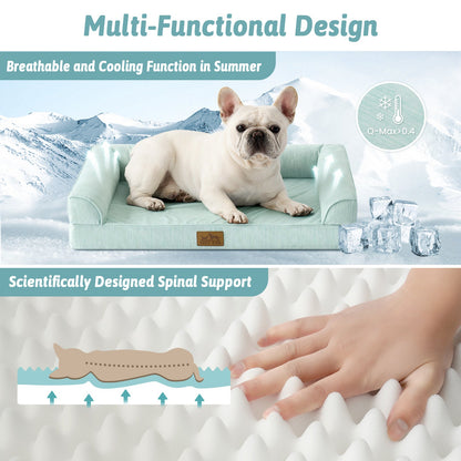 Dog lying on a cooling pad with mountain background, highlighting its breathable and cooling function.#color_Sage Green