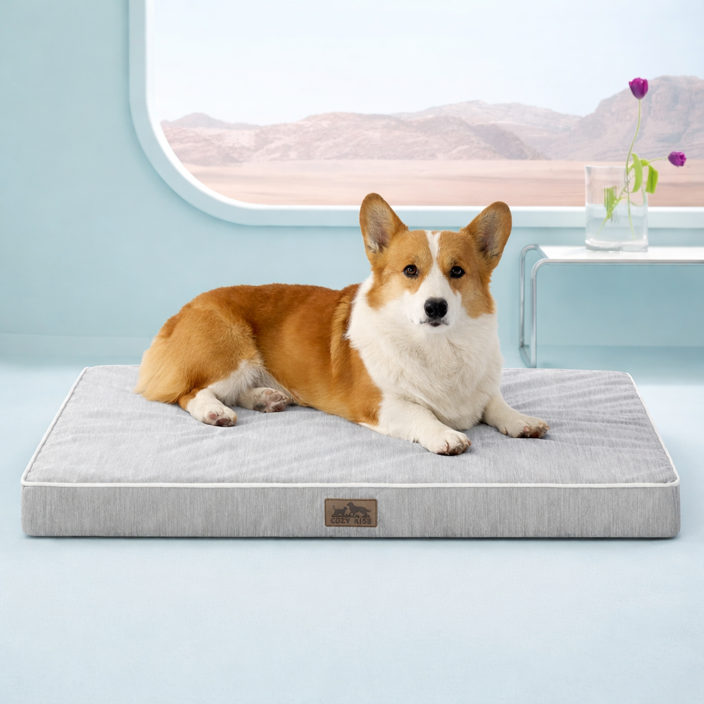 Front view of dog lying on a gray pet bed#color_Grey