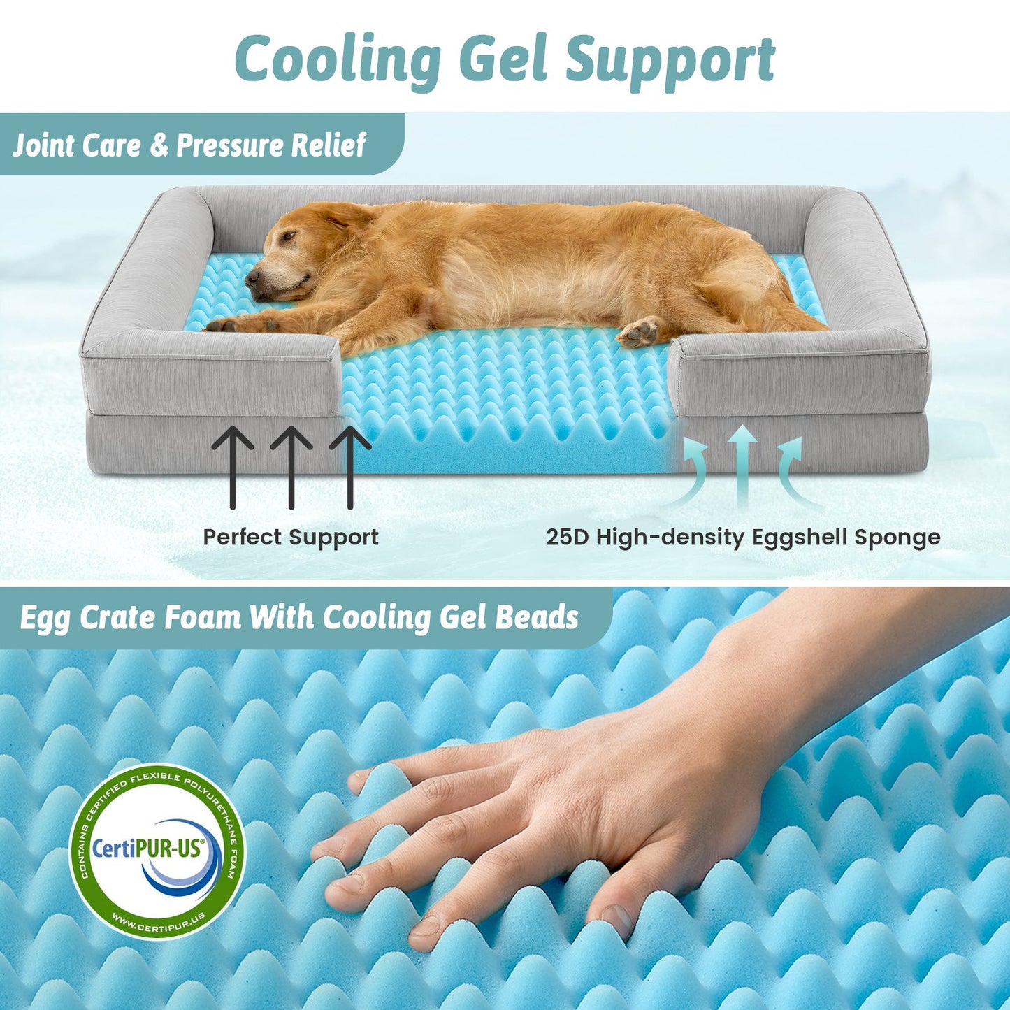 Dog lying on a cooling support bed with text highlighting features like joint care and pressure relief.#color_Grey