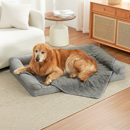 Cozy Kiss pet cooling blanket front view with Dog sitting on it. #color_Dark Grey