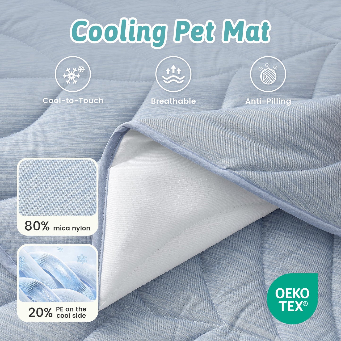 Cooling pet mat with features like cool-to-touch, breathable, and anti-pilling, and Oeko-Tex certification. #color_Sky Blue