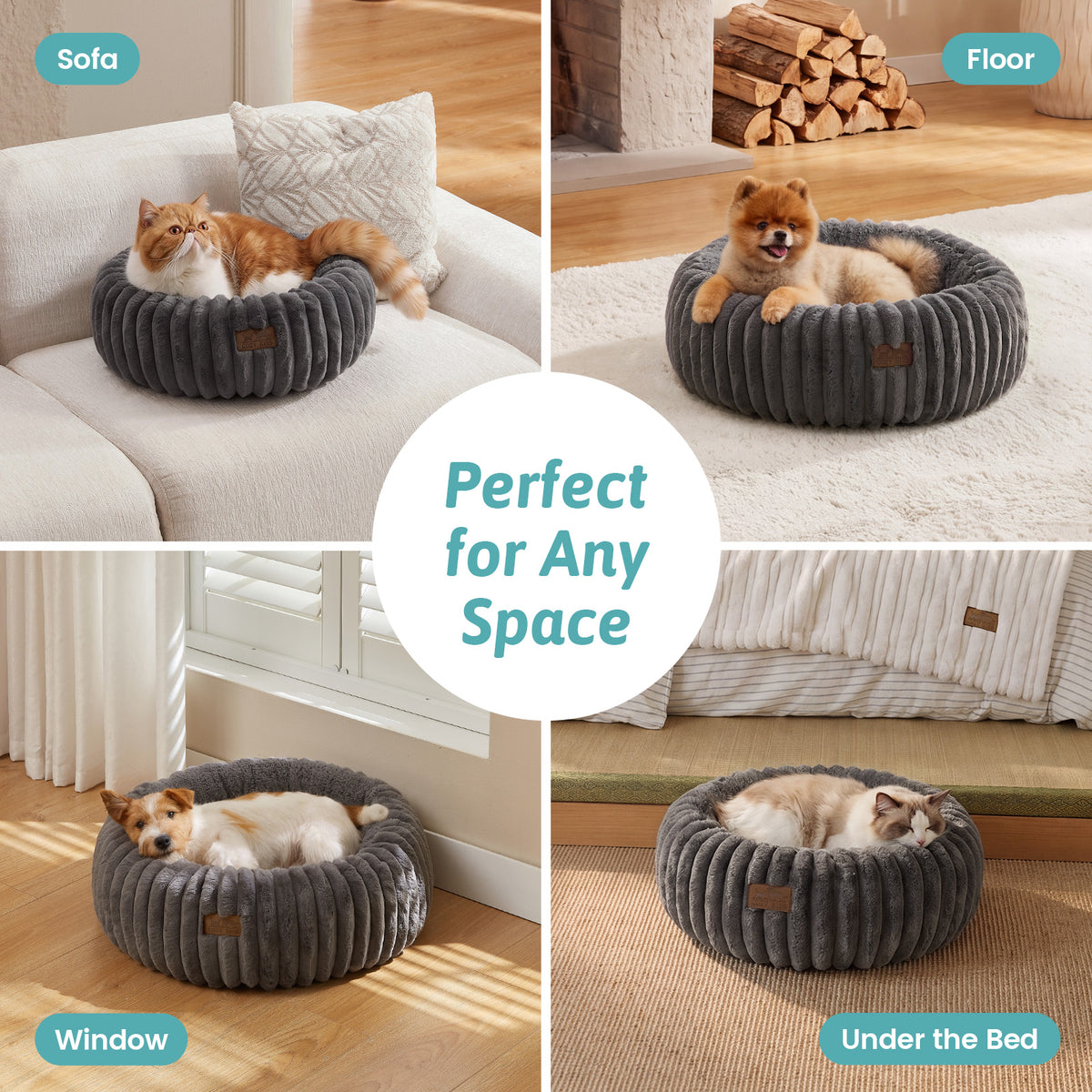 Cozy Kiss 2-in-1 Striped Faux Fur Pet Bed with Removable Mat in Dark Grey different space view 