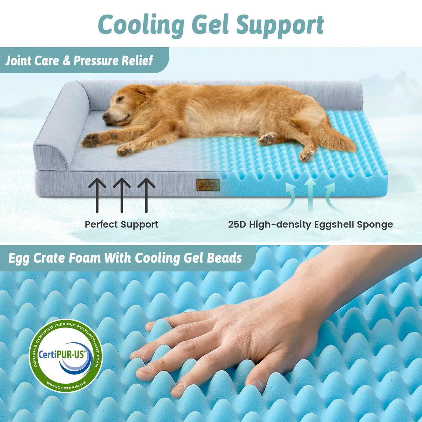Dog lying on a cooling pet bed with text highlighting features.#color_Sky Blue