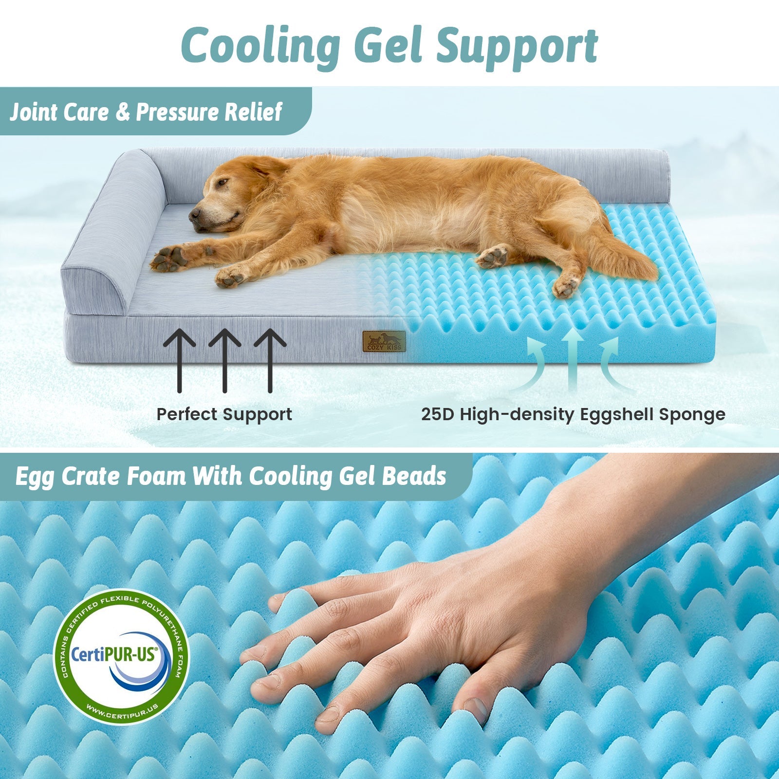 Dog lying on a cooling pet bed with text highlighting features.#color_Sky Blue