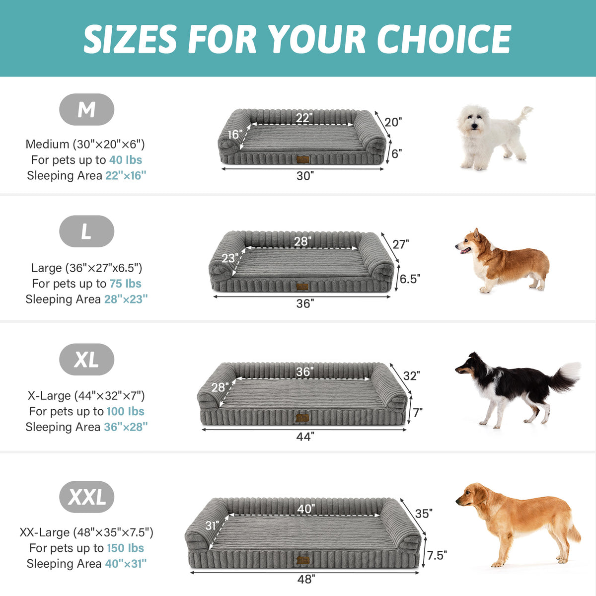 Size guide for Cozy Kiss Striped Faux U-Shaped Washable Dog Bed, showing M to XXL dimensions. 