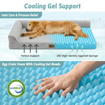Dog lying on a cooling support bed with text highlighting features and CertiPUR-US certification.