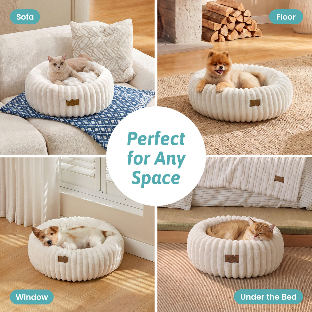 Cozy Kiss 2-in-1 Striped Faux Fur Pet Bed with Removable Mat in cream different space view