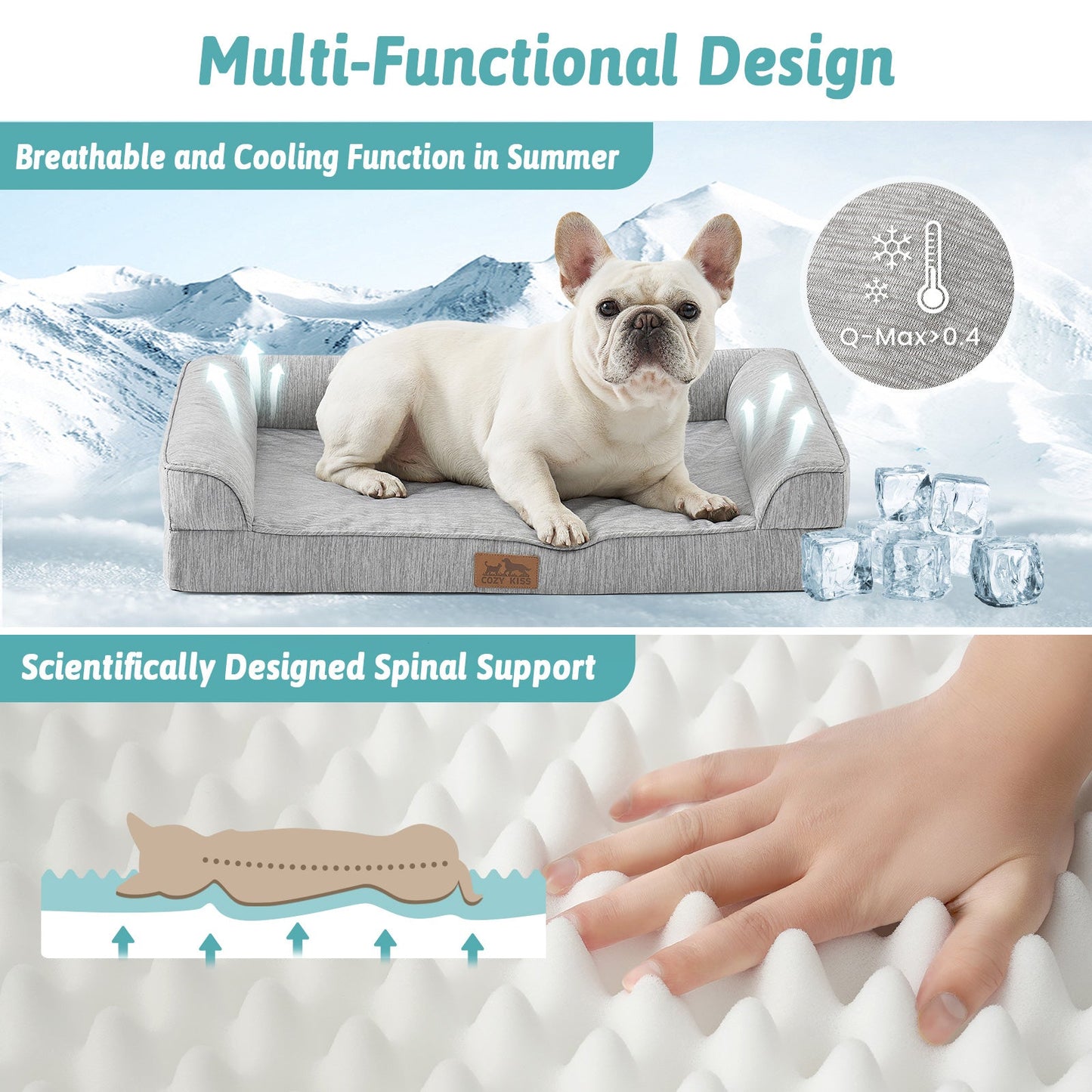 Dog lying on a gray pet bed with text highlighting its multi-functional design, breathable cooling function, and spinal support.#color_Grey