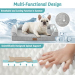 Dog lying on a grey pet bed with text highlighting its multi-functional design, breathable cooling function, and spinal support.