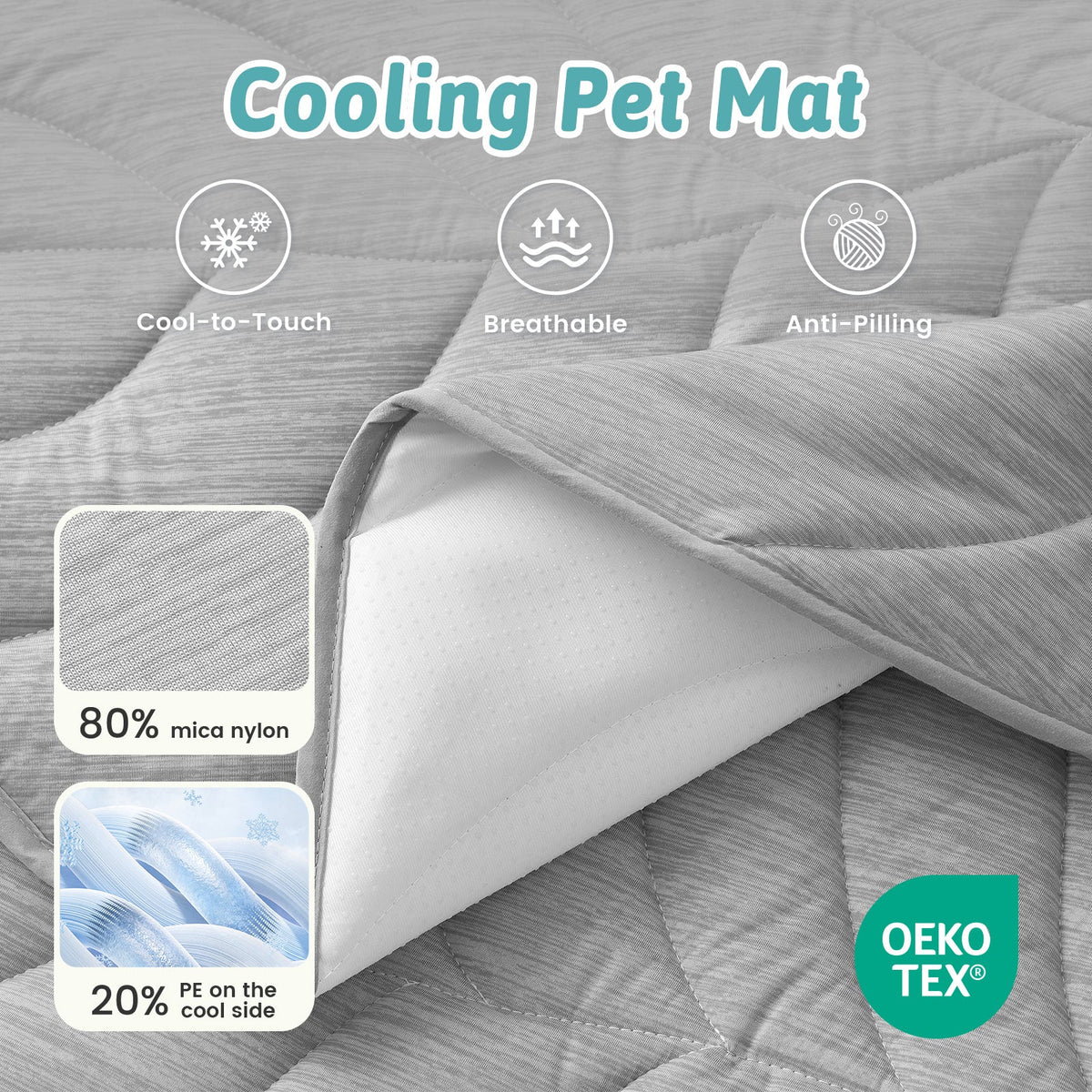 Cozy Kiss gray cooling pet mat with text and icons indicating features like cool-to-touch, breathable, and anti-pilling. 