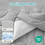Cozy Kiss gray cooling pet mat with text and icons indicating features like cool-to-touch, breathable, and anti-pilling. 