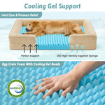 Dog lying on Cozy Kiss cooling support bed with text highlighting features like joint care and pressure relief.