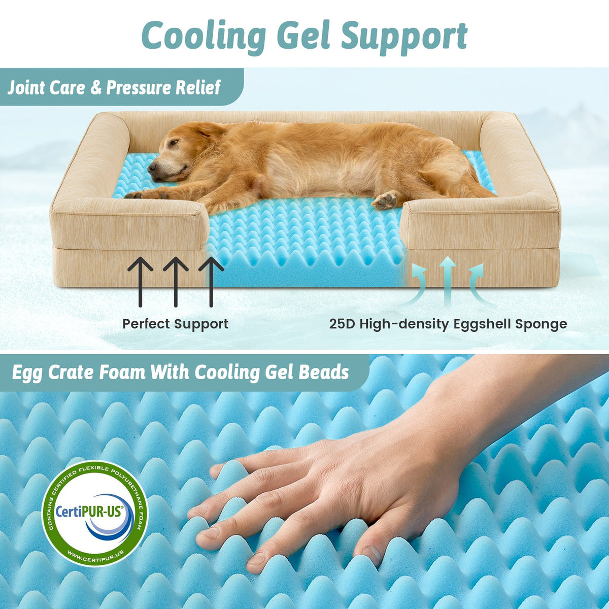 Dog lying on Cozy Kiss cooling support bed with text highlighting features like joint care and pressure relief.