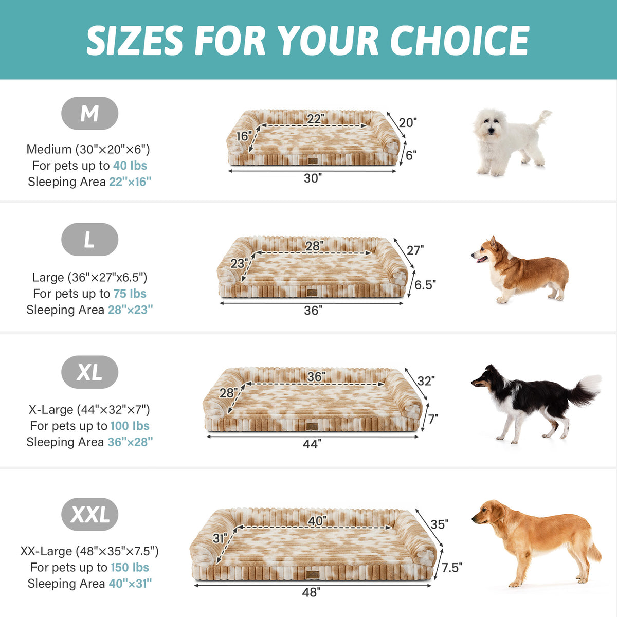 Size guide for Cozy Kiss Striped Faux U-Shaped Washable Dog Bed, showing M to XXL dimensions. 