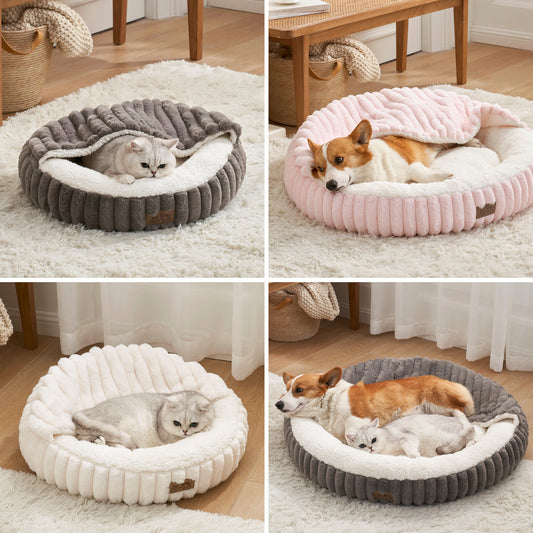 Cozy Kiss Striped Faux Calming Donut Pet Bed With Blanket calming dog bed and cat bed with blanket cover