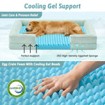 Dog lying on a cooling support bed with text highlighting features.