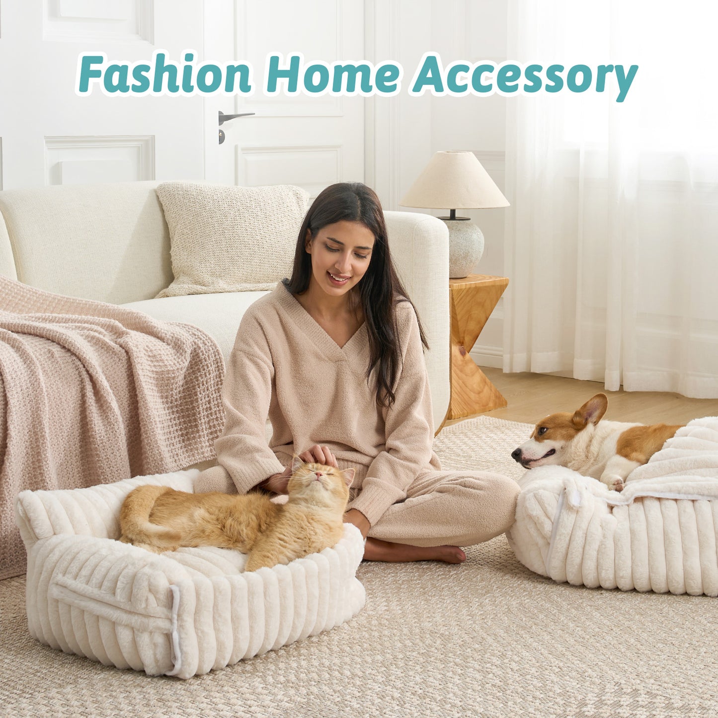 Multi-Functional Striped Faux Pet Sofa Bed With Blanket