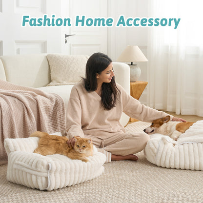 Multi-Functional Striped Faux Pet Sofa Bed With Blanket
