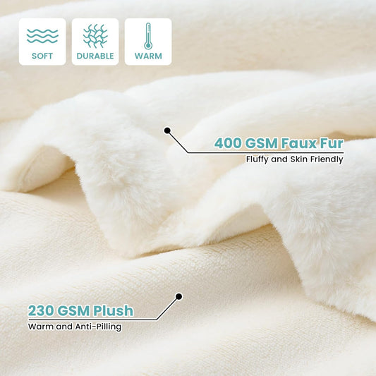 Smart dual-sided design with 400 GSM faux fur and 230 GSM plush for ultimate comfort. #color_Cream White