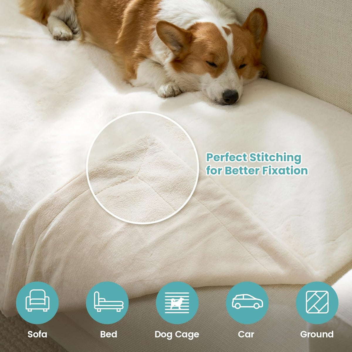 Details of leakproof faux fur pet blanket with durable stitching for better fixation, suitable for sofa, bed, cage, car and ground. 