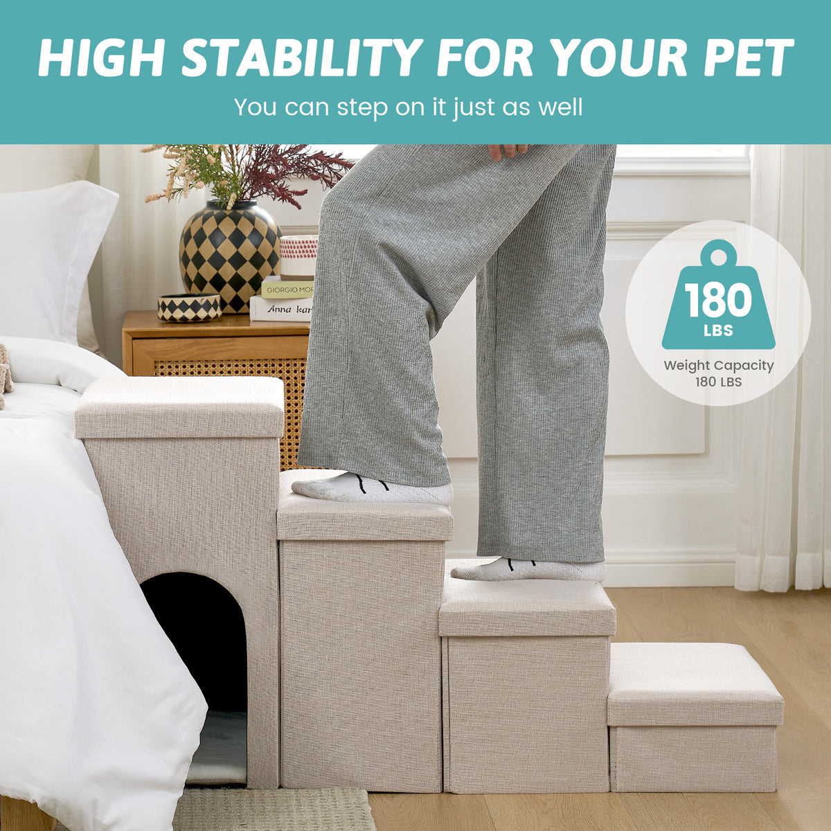 Cozy Kiss 4-Step Storage Pet Stairs with Play Condo supports up to 180 lbs 
