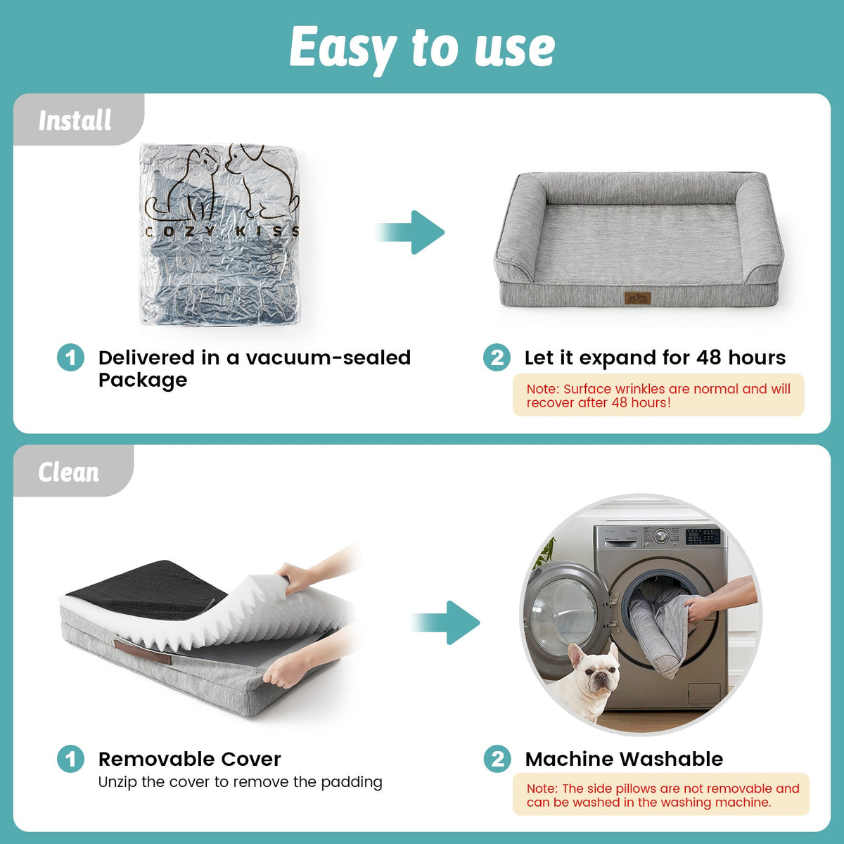 Instructions for using and cleaning Cozy Kiss pet bed