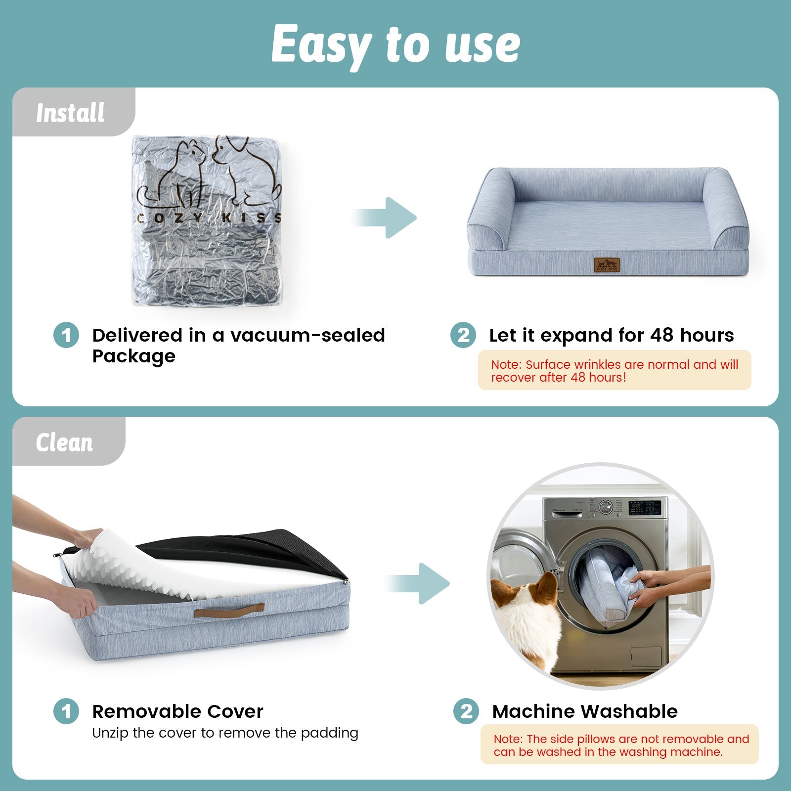 Instructions for using a pet bed with vacuum-sealed packaging, expansion, cover removal, and machine washing.#color_Sky Blue