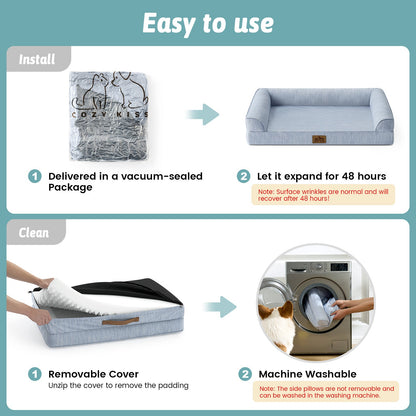 Instructions for using a pet bed with vacuum-sealed packaging, expansion, cover removal, and machine washing.#color_Sky Blue