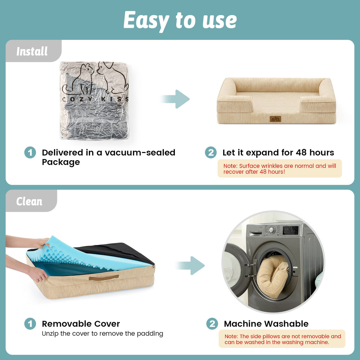 Instructions for using a pet bed ,including installation and cleaning steps.