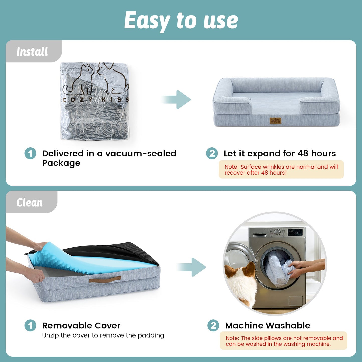 Instructions for using a pet bed with vacuum-sealed packaging, expansion, and machine washing features.#color_Sky Blue