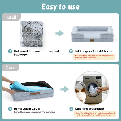 Instructions for using a pet bed with vacuum-sealed packaging, expansion, and machine washing features.#color_Sky Blue