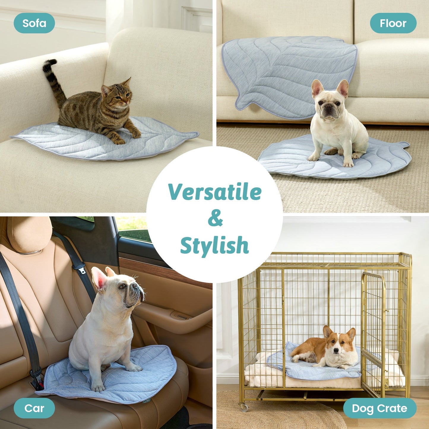 Collage of pet mats used on various surfaces including a sofa, floor, car, and dog crate. #color_Sky Blue