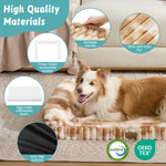 Dog resting on Cozy Kiss Striped Faux U-Shaped Washable Dog Bed with material and certification details. 