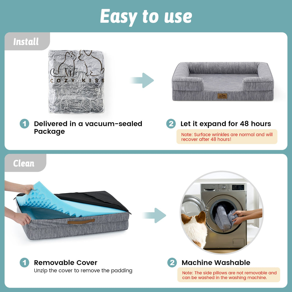 Instructions for using a pet bed with vacuum-sealed packaging, expansion, cover removal, and machine washing.