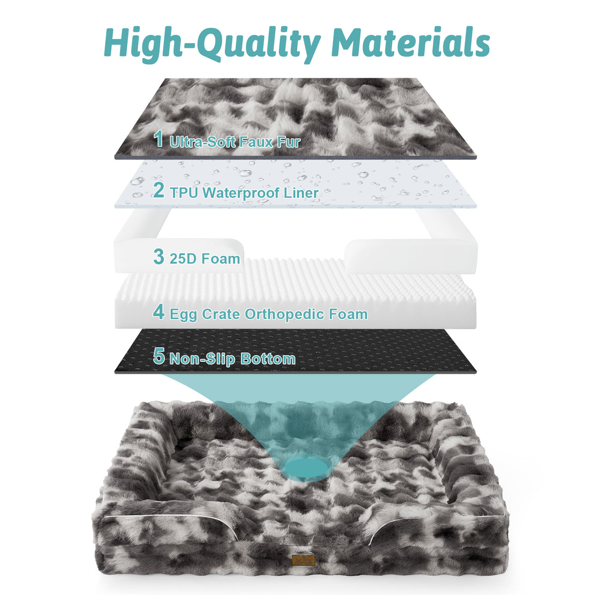 Cozy Kiss Fluffy Soft Bubble Faux Fur C-Shaped Dog Bed orthopedic egg crate foam with waterproof liner construction 