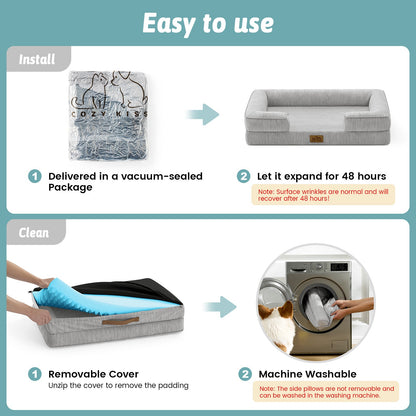 Instructions for using a pet bed with vacuum-sealed packaging, expansion, a removable cover, and machine washing.#color_Grey
