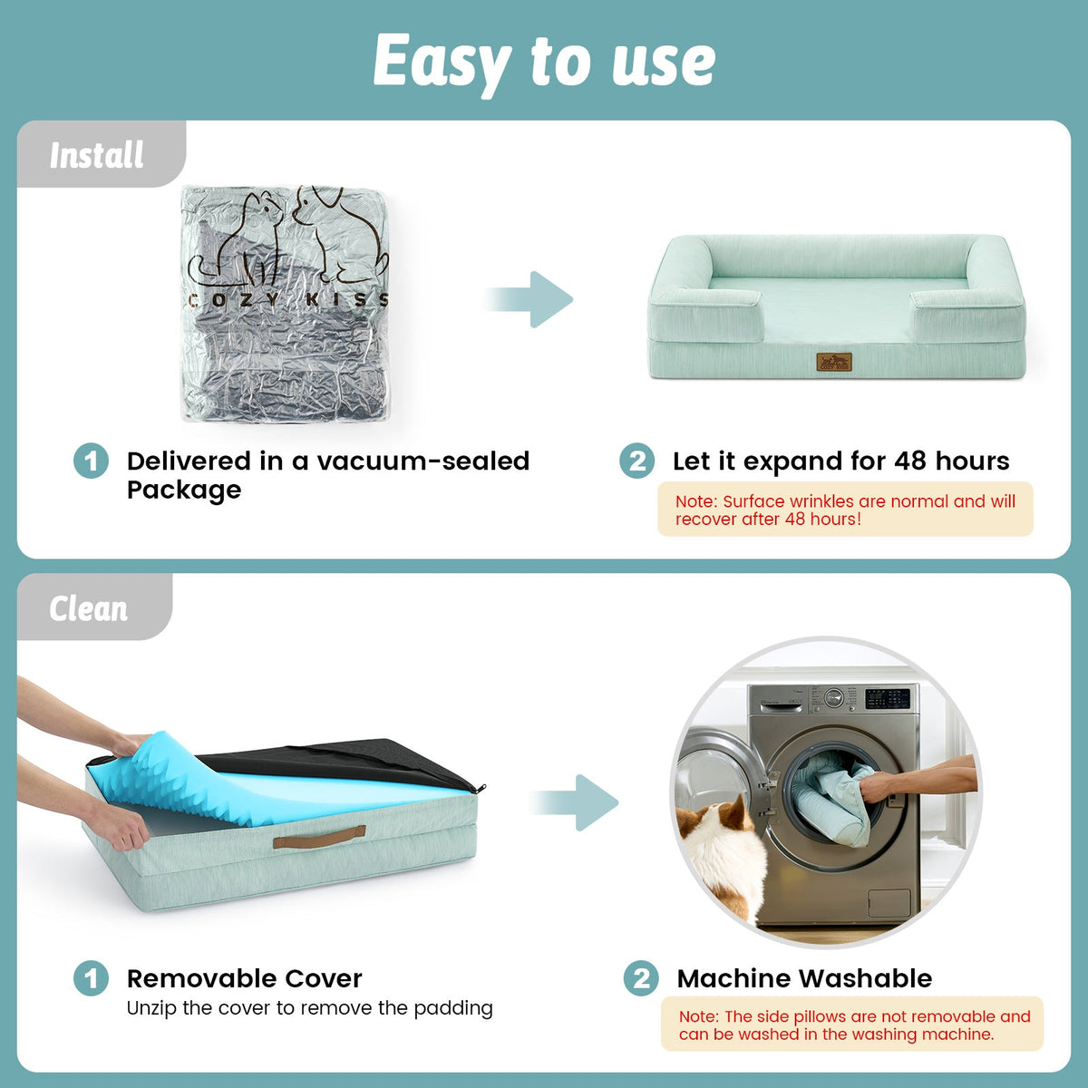 Instructions for using a pet bed with vacuum-sealed packaging, expansion, and washing instructions.