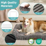 Dog resting on Cozy Kiss Striped Faux U-Shaped Washable Dog Bed with material and certification details. 
