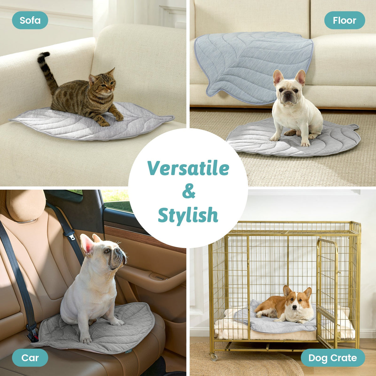 Collage of pet mats used on various surfaces including a sofa, floor, car seat, and dog crate.