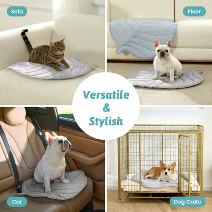Collage of pet mats used on various surfaces including a sofa, floor, car seat, and dog crate.#color_Grey