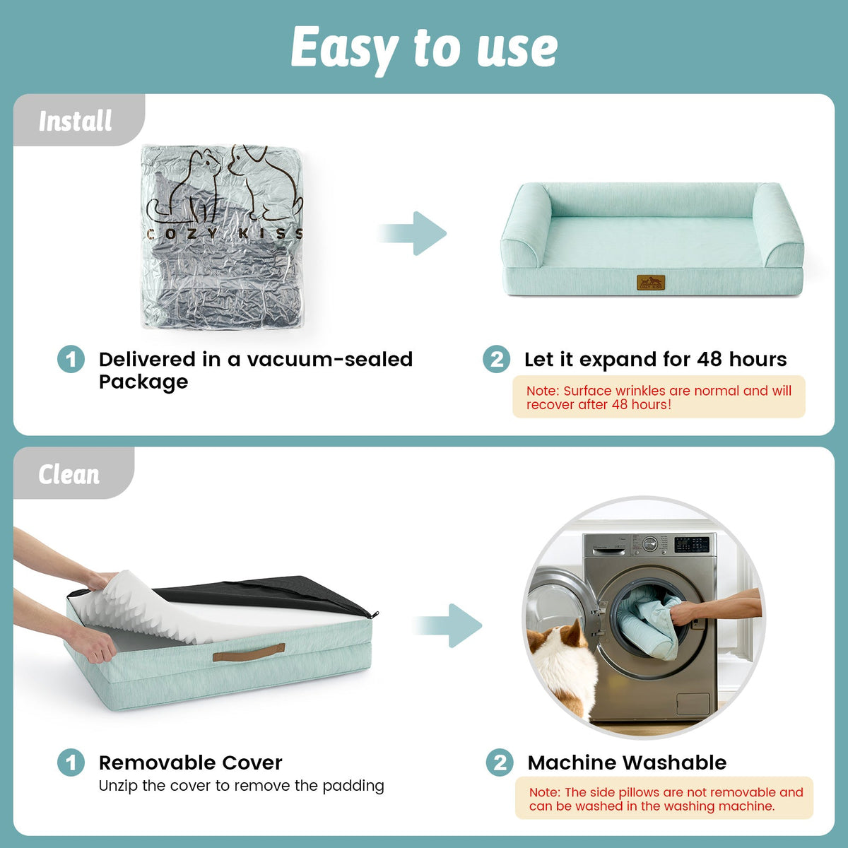 Instructions for using a pet bed with images and text on a green background