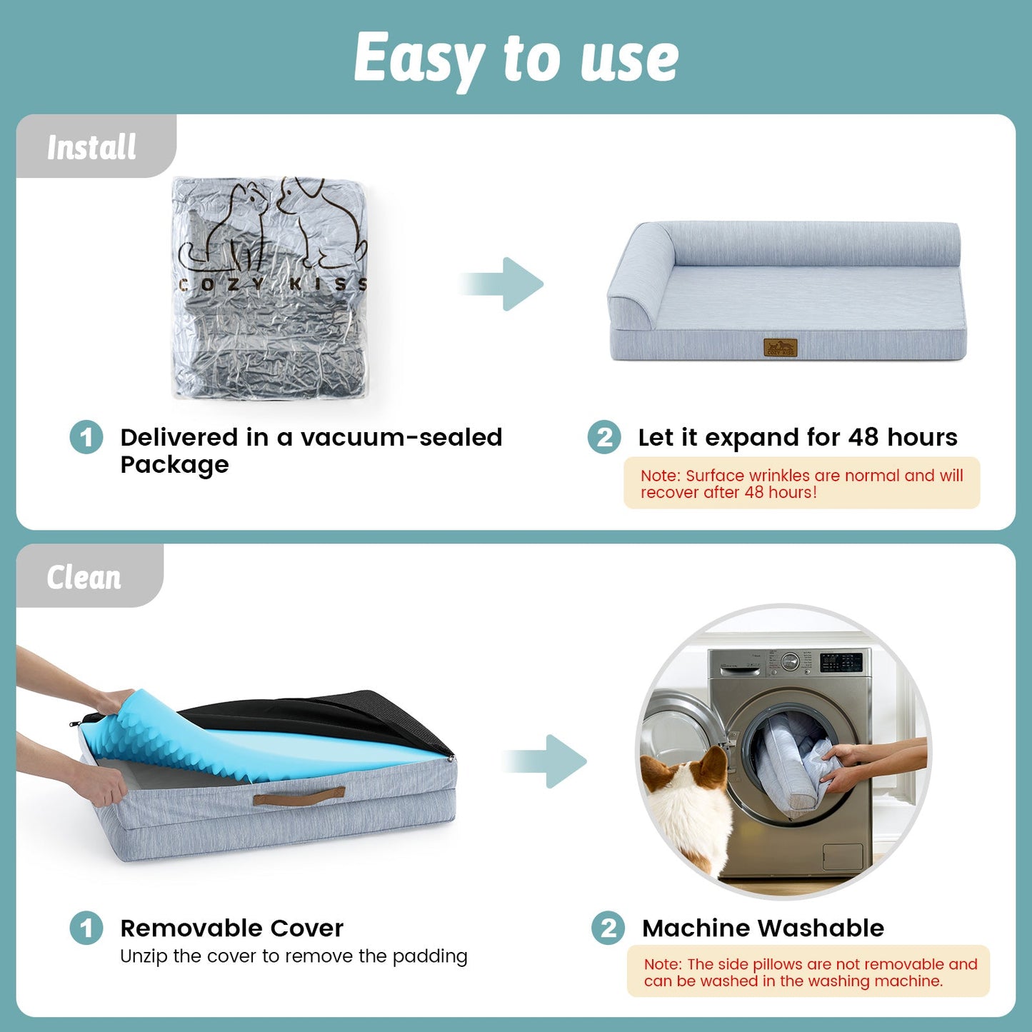 Instructions for using a product, including installation and cleaning steps.#color_Sky Blue
