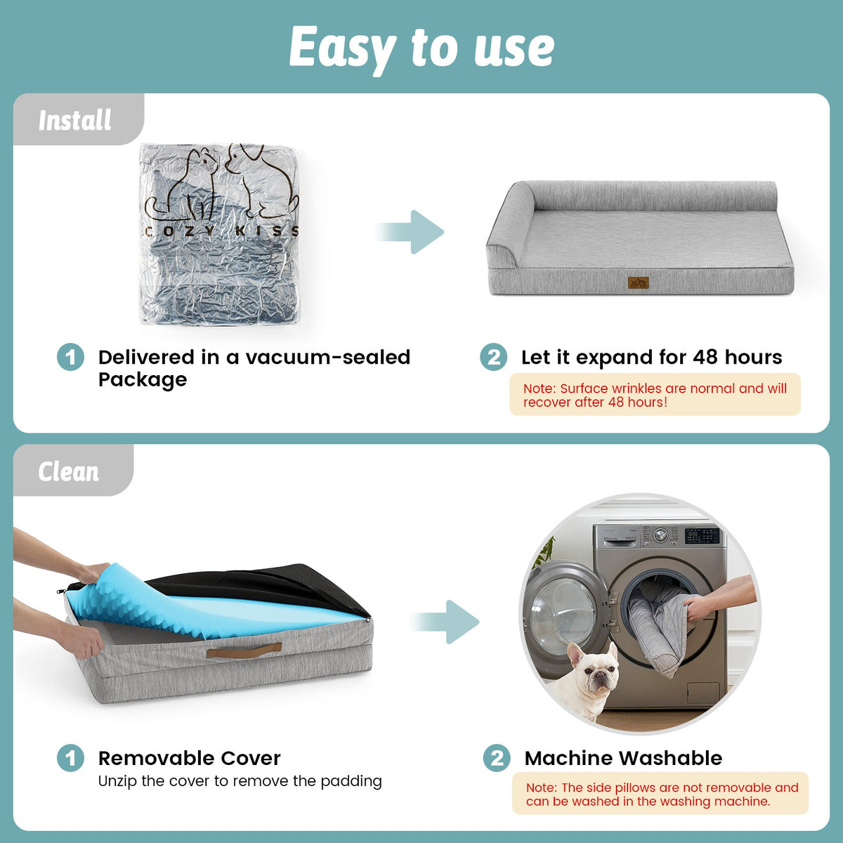 Instructions for using and cleaning a pet bed