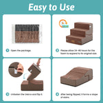 Cozy Kiss 3-step convertible pet stairs usage guide showing 4 easy steps: open package, allow 24-48 hours for foam expansion, unfasten Velcro and flip to convert stairs into a pet ramp slope.