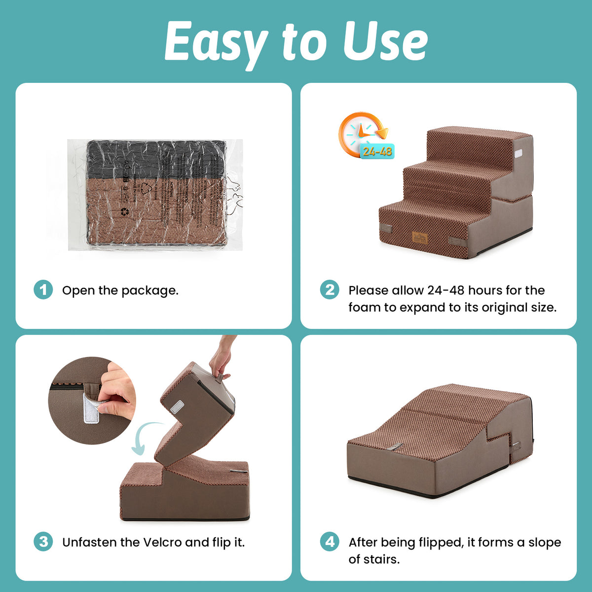 Cozy Kiss 3-step convertible pet stairs usage guide showing 4 easy steps: open package, allow 24-48 hours for foam expansion, unfasten Velcro and flip to convert stairs into a pet ramp slope.#color_Brown