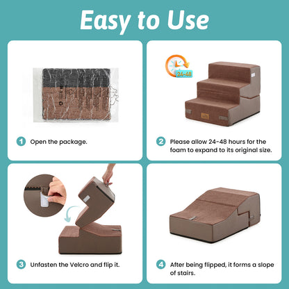 Cozy Kiss 3-step convertible pet stairs usage guide showing 4 easy steps: open package, allow 24-48 hours for foam expansion, unfasten Velcro and flip to convert stairs into a pet ramp slope.#color_Brown